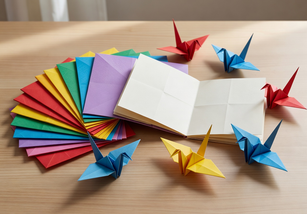 Beginner origami starter kit with colored square papers, folding guide booklet and completed paper cranes arranged neatly