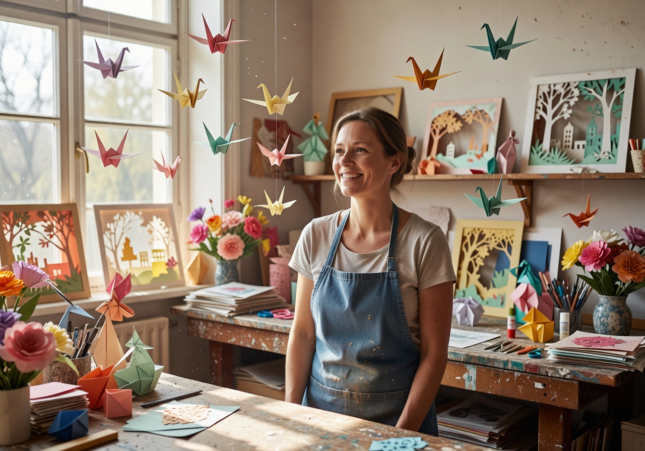 Clara Jensen, founder of PaperFunTinker, smiling in a bright craft studio surrounded by paper art