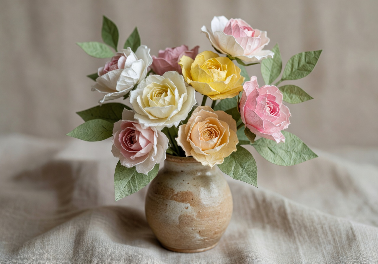 Close-up of completed handmade paper flowers and leaves arranged in a small ceramic vase on a warm linen cloth