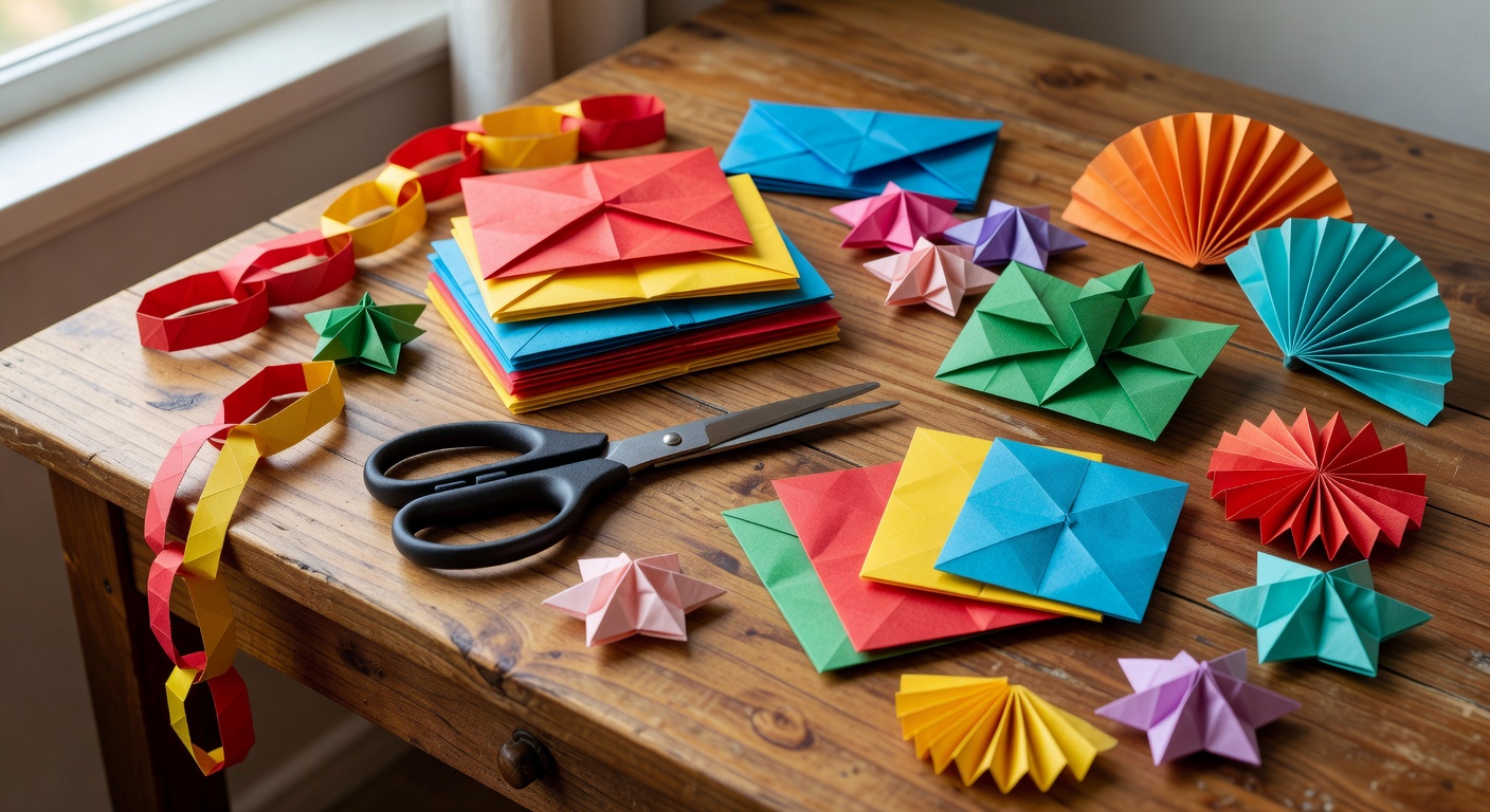 Colorful paper craft kit with scissors, folded paper, and handmade decorations spread on a warm wooden desk