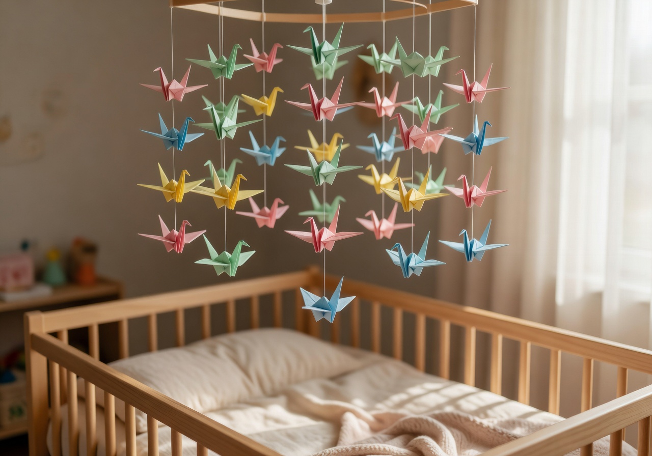 Community maker's finished origami paper crane mobile hanging above a crib in soft natural light