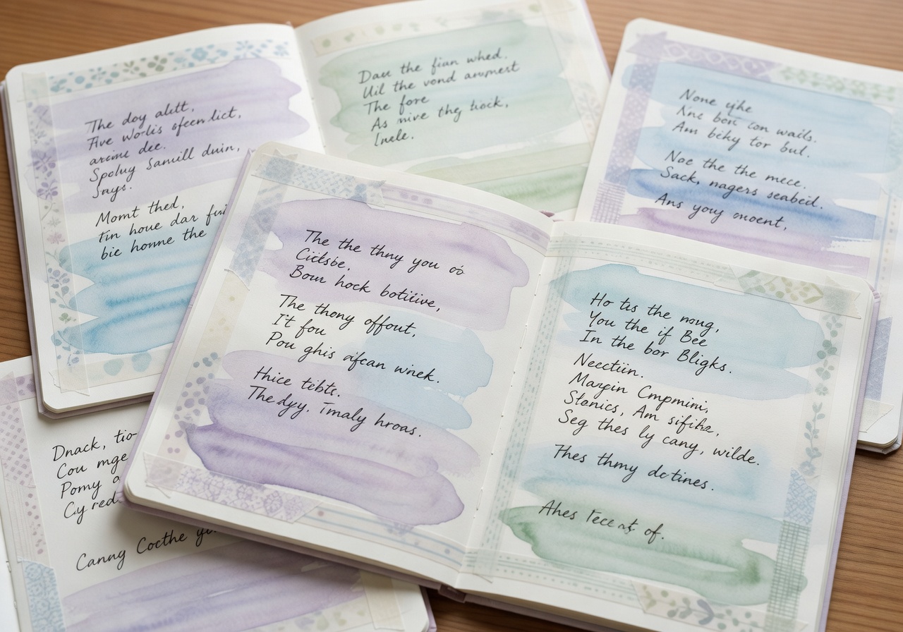 Flat lay of completed paper journal pages with watercolor washes, washi tape borders and handwritten notes from the Journal Kit