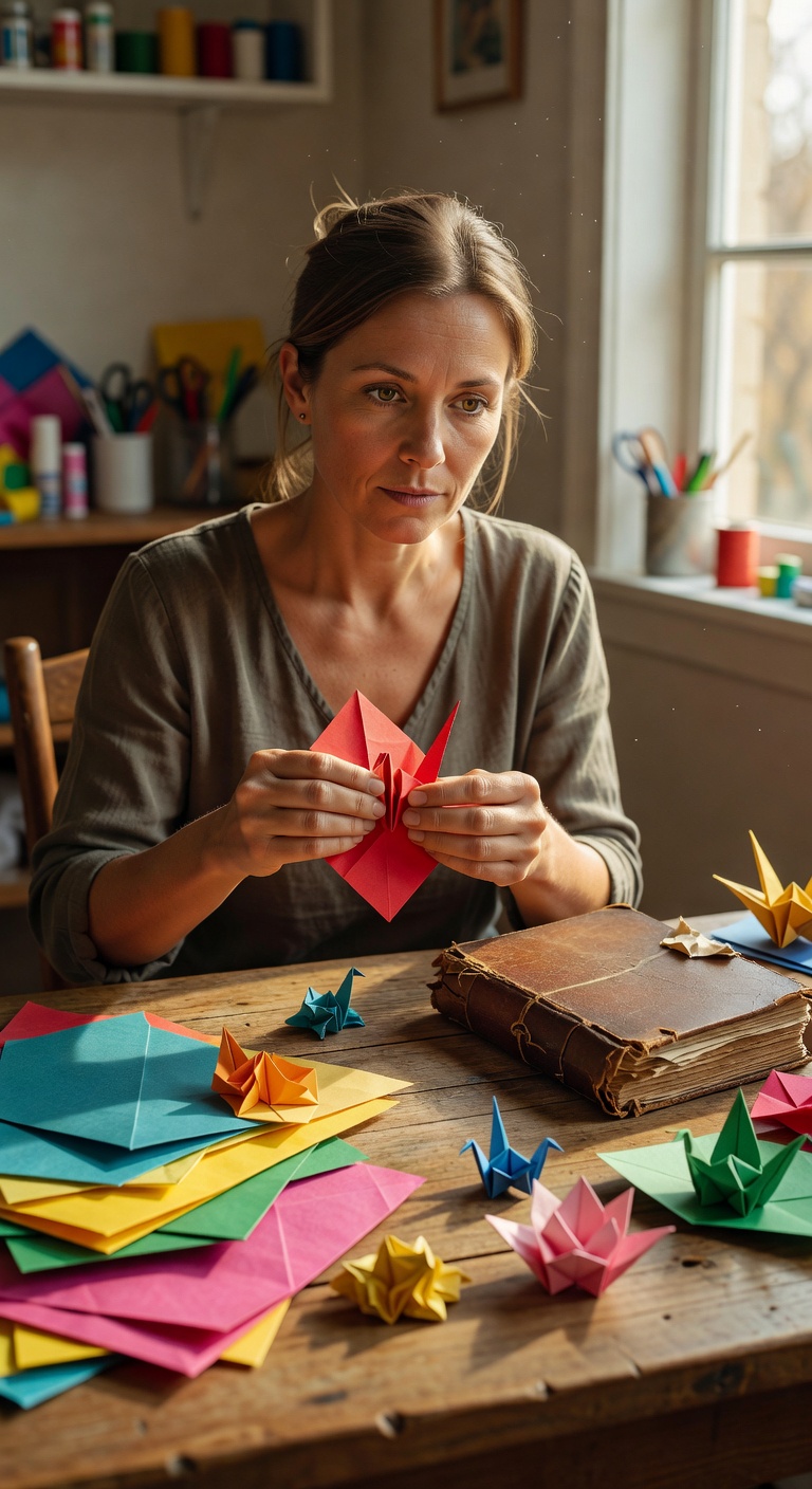 Founder Clara Jensen folding an origami figure at a craft table surrounded by colorful paper and her grandmother's old origami instruction book