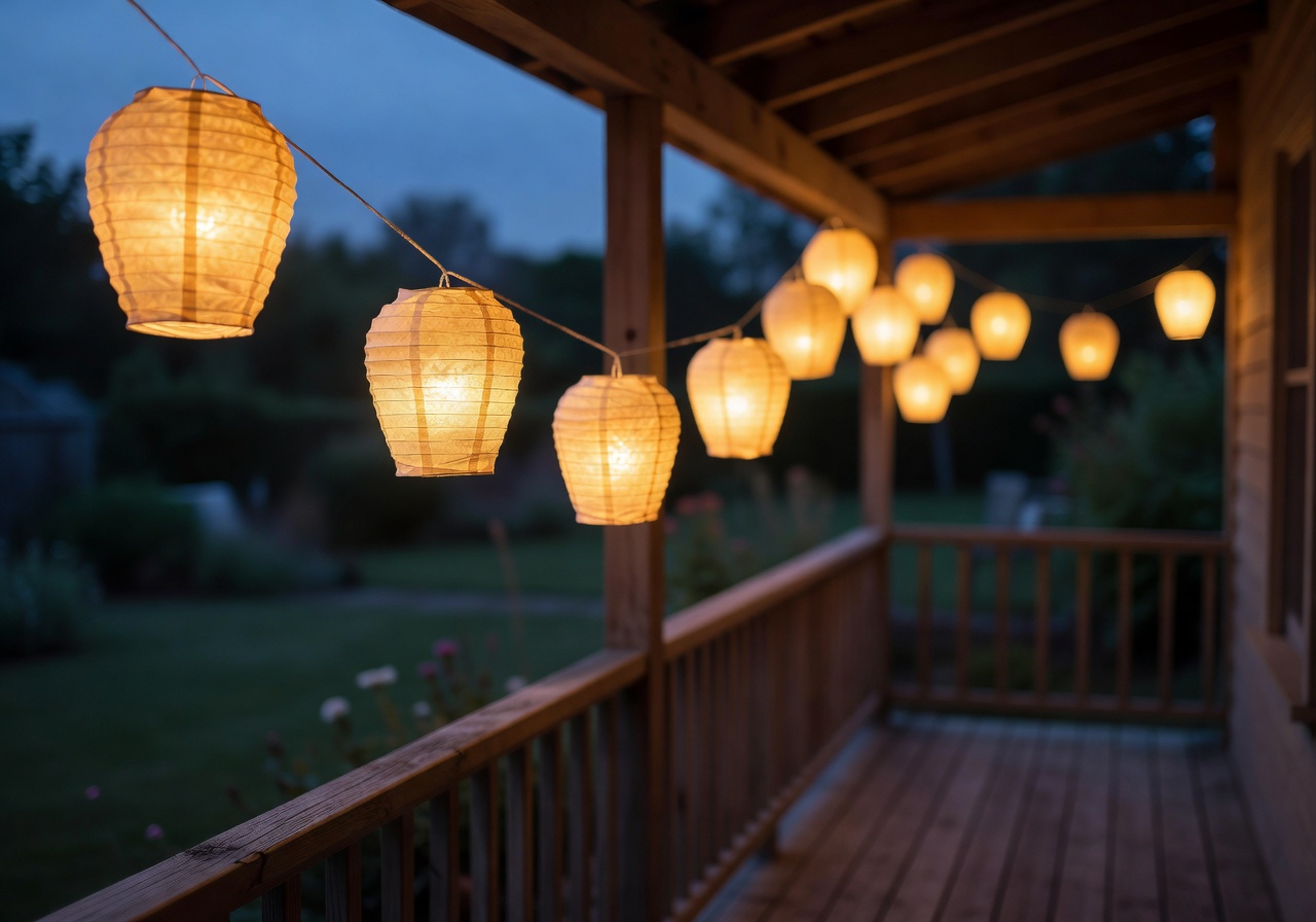 Glowing paper lanterns in amber and cream tissue paper hanging on an outdoor porch string made using the Glow Lantern Kit