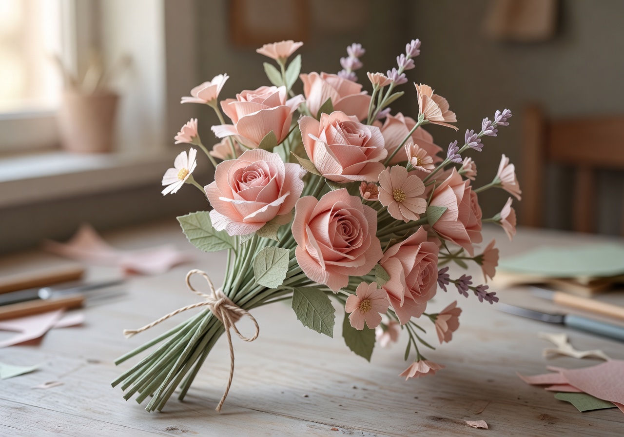 Handcrafted paper bouquet of roses and wildflowers made from the Paper Garden Kit in blush and sage tones