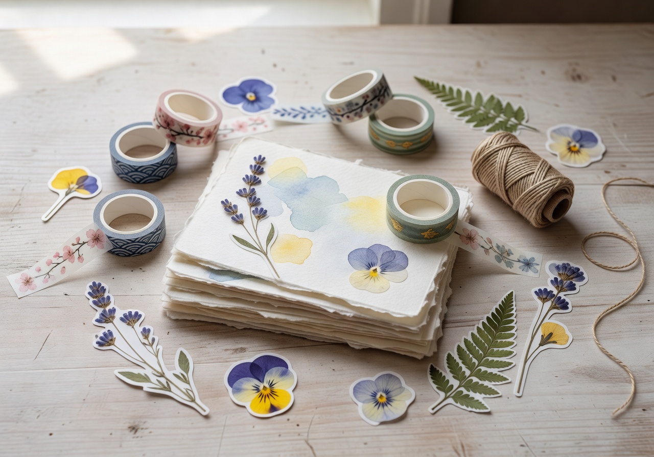 Handmade paper journaling kit with watercolor paper sheets, washi tape rolls, pressed flower stickers and binding thread