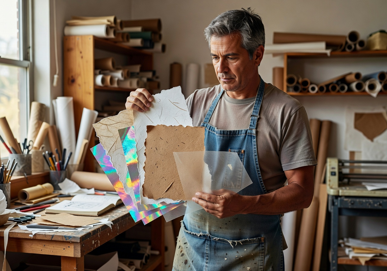 Marcus Reyes, materials curator and studio manager at PaperFunTinker, holding a selection of specialty papers