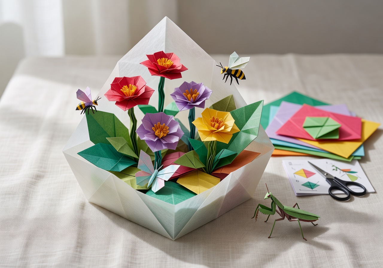 Origami Garden Kit featuring paper flowers, leaves, insects and a handcrafted paper terrarium scene on a linen surface