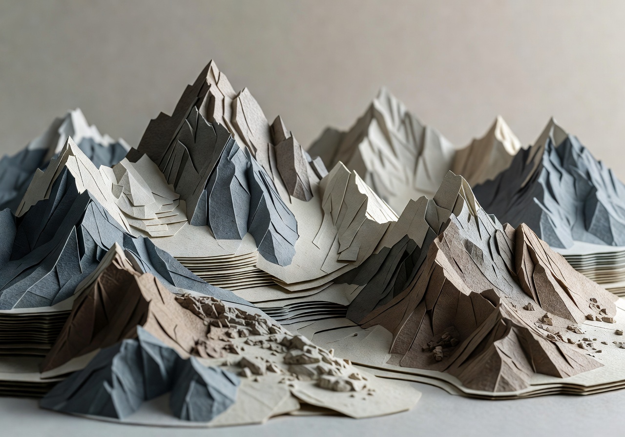 Paper mountain landscape diorama created using the Paper City Builder advanced kit with layered card stock terrain