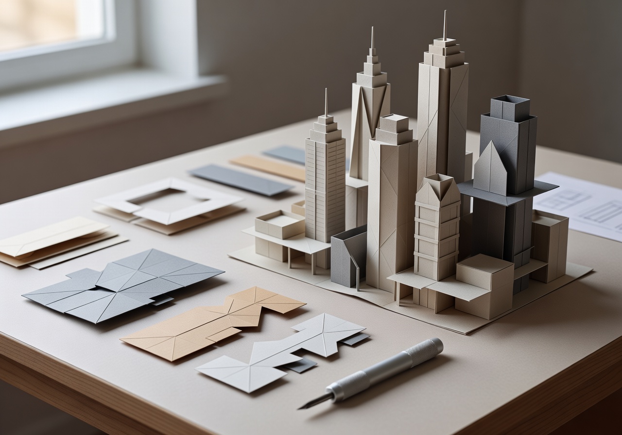 Paper sculpture architecture kit with geometric card stock, scoring tool, and assembled paper city skyline model