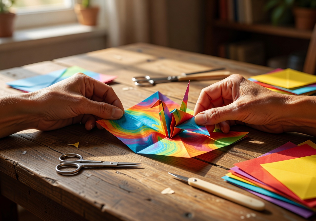 Person's hands carefully folding colorful origami paper at a sunlit wooden craft table with tools nearby