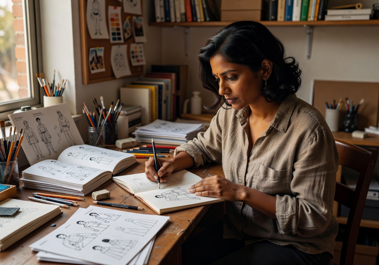 Priya Nair, illustration artist at PaperFunTinker, sketching the step-by-step guide booklet pages at her drawing desk