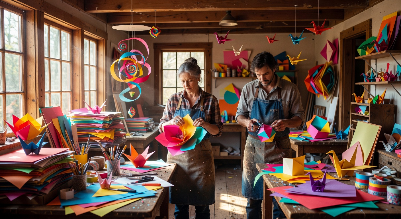 Two studio makers surrounded by colorful paper, craft tools and finished paper sculptures in a warm sunlit Vermont workshop